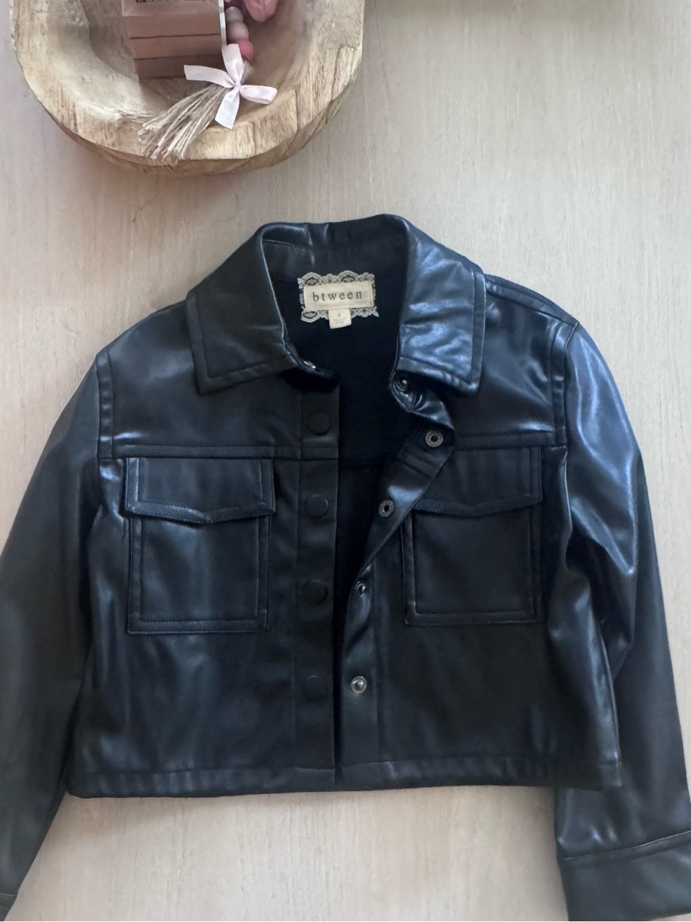 btween Black Faux Leather Cropped Jacket with Patch Pockets